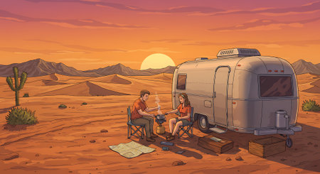 Camping in the desert. Illustration of a man and a woman sitting in front of a caravan.の素材