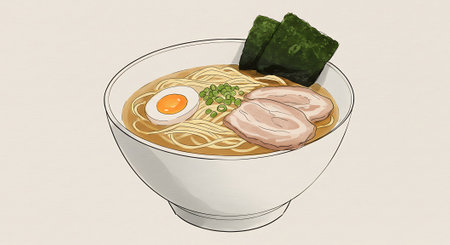 japanese ramen noodle soup with pork and egg illustrationの素材