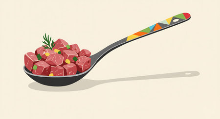 Illustration of a spoon full of chopped beef meat with rosemaryの素材