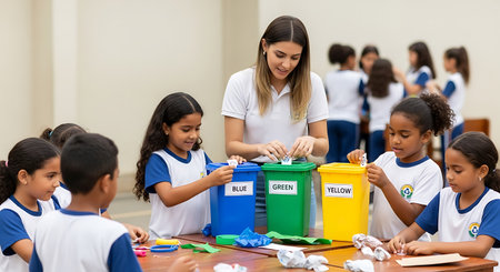 education, elementary school, learning and people concept - group of happy kids with trash cans at schoolの素材