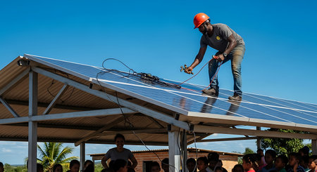 Unidentified worker installing solar panels on the roof.の素材