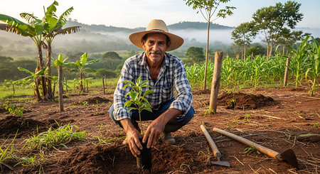 Farmer working in the field. Concept of agriculture and farming.の素材