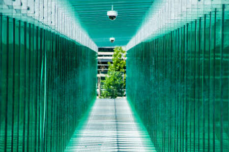 Long straight modern passage with glass walls and roof.の写真素材