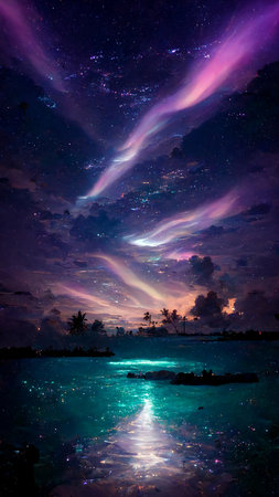 Starry Fantasy Night Sky with an Oceanの写真素材