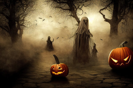 Halloween Pumpkins in a haunted ghost graveyard forestの写真素材