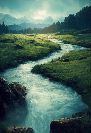 Landscape nature, River in a field with a forest backgroundの写真素材
