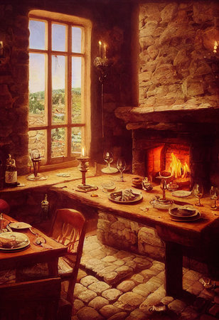Cozy Medieval Room with a fireplaceの写真素材