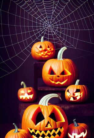 halloween pumpkins and jack o lanterns with a spider webの写真素材