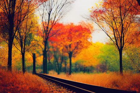 Railway in an orange autumn forest covered with orange leavesの写真素材