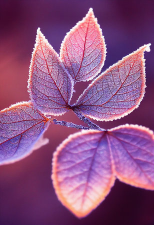 Background of bright autumn leaves covered with frost, hoarfrost. Autumn. closeup.の写真素材