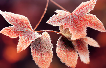 Background of bright autumn leaves covered with frost, hoarfrost. Autumn. closeup.の写真素材