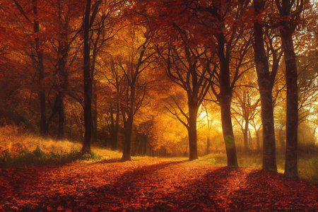Autumn background in an orange sunny forest covered with autumn leavesの写真素材