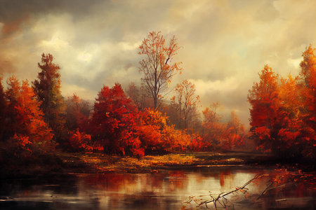 Autumn forest with orange trees and a see in front of it, drawingの写真素材