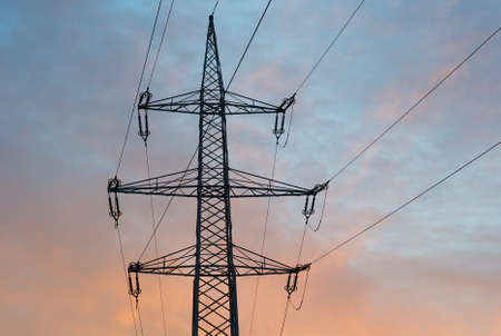 Top Hamper of a 220 kilovolt Electric Power Pylon (lattice boom) with 6 phases and one optical ground wireの写真素材
