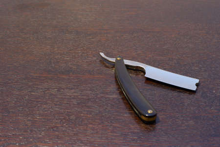 Traditional Straight Razor, Open with Black Buffalo Horn Handleの写真素材