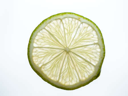 The Transclucent, Vibrant and Colorful Wheel of a Fresh Juicy Key Lime Shining Through with Backlighting Isolated on White Backgroundの写真素材