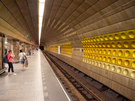 Prague, Czech Republic - June 8 2019: Interior of Mustek Underground Station in Prague, near...