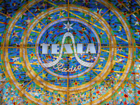 Prague, Czech Republic - June 8 2019: Tesla Radio Logo on a colorful stained glass window in the Svetozor Passage in Prague.のeditorial素材