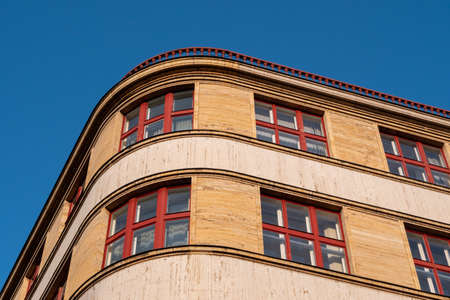 Constructivist Danube Palace Building, called Palac Dunaj, with natural Stone Travertine Facade,...
