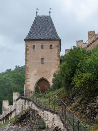 Vorsilska Tower at the Entrance of Gothic Kgarlstejn Castle in Bohemia, Czech Republicのeditorial素材