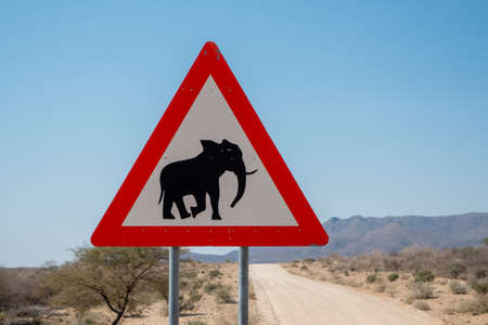 Elephant Crossing Danger Road Sign in Namibia, Triangle Shapeの写真素材