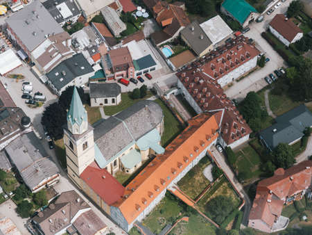 Aerial of Gothic Catholic Parish Church Rottenmann St. Nikolaus - Saint Nicholas - in Styria,...