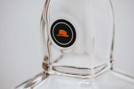 Lynchburg, Tennessee, USA - January 11 2020: Jack Daniels Sinatra Select Tennessee Whiskey Detail with Orange Fedora Hat Logo.のeditorial素材