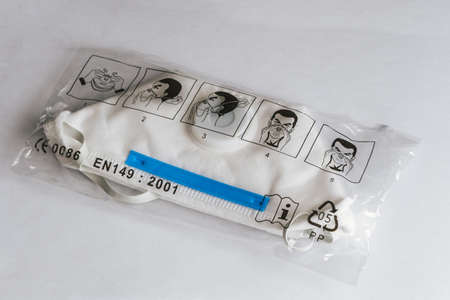 Vienna, Austria - March 16 2020: Disposable FFP3 Clinical Safety Mask against COVID-19 Corona Virus...