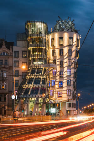 Prague, Czech Republic - July 10 2020: Dancing House called Fred and Ginger or Tancici Dum in Czech in Prague, designed by Vlado Milunic and Frank Gehry.のeditorial素材