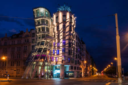 Prague, Czech Republic - July 10 2020: Dancing House nicknamed Fred and Ginger, Called Tancici Dum in Czech in Prague, designed by Vlado Milunic and Frank Gehry.のeditorial素材
