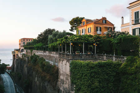 Sorrento, Italy - August 26 2020: Excelsior Vittoria Grand Hotel, Sorrento, Italy, a Leading Hotel of the World on a Cliff in the Eveningのeditorial素材