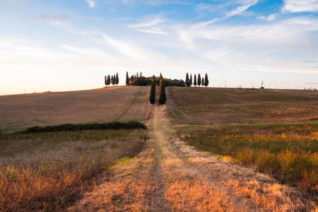 San Qurico d'Orcia, Italy - August 18 2020: Villa Poggio Manzuoli or Gladiator House in Val d'Orcia, Tuscany at Sunset in the Eveningのeditorial素材