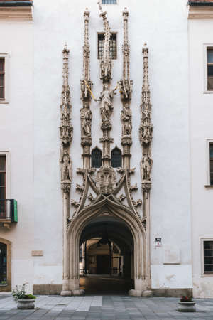 Brno, Czech Republic - September 13 2020: Old Town Hall or Stara Radnice Entrance Facade with Crooked Phialのeditorial素材