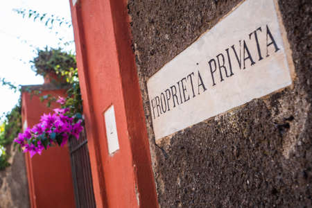 Vintage Proprieta Privata, Italian Private Property Sign in Old Mediterranean Styleの写真素材