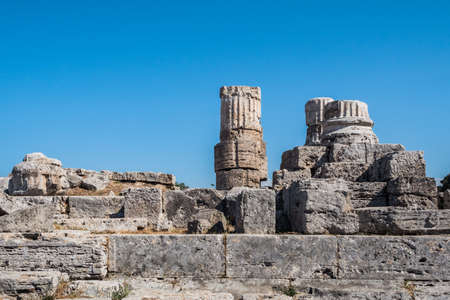 Roman Temple or Tempio Romano Ruins at the Forum of Paestum in Italyの写真素材