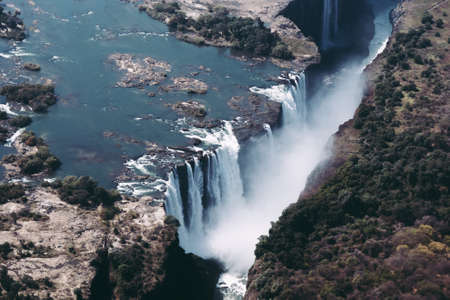 Victoria Falls Main Waterfall on the Zambezi River in Zimbabwe, Africa also called Mosi Oa Tunya, Aerial Viewの写真素材