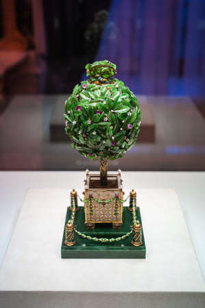 Saint Petersburg, Russia - ca. December 2017: Green Bay Tree Faberge Easter Egg  at the Faberge Museum in the Shuvalov Palace.のeditorial素材