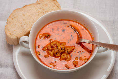 Busumer Krabbensuppe, Busom Style Soup with North Sea Crabs in a White Bowl, Served with a Slice of...