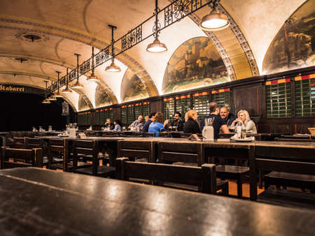 Prague, Czech Republic - July 2 2021: U Fleku Brewery Beer Hall and Restaurant Interior with Guests.のeditorial素材