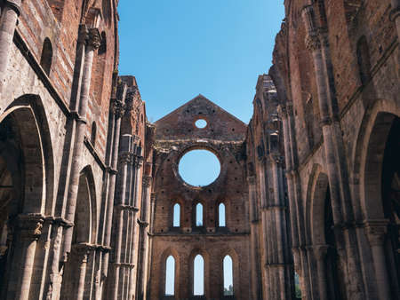 Chiusdino, Italy - August 14 2021: Abbazia San Galgano Abbey, the Ruin of a Gothic Monastery Interiorのeditorial素材