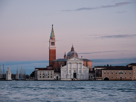 Chiesa San Giorgio Maggiore Church and Campanile Bell Tower in the Evening at Duskの写真素材