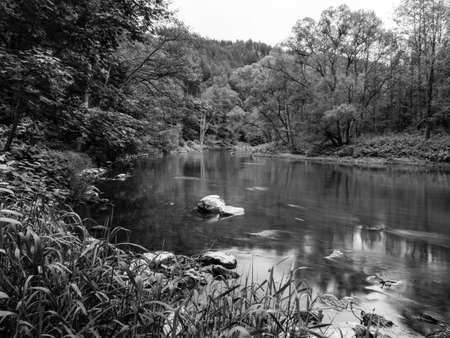 River Ohre or Eger Black and White Landscape near Carlsbad or Karlovy Vary in Western Bohemia, Czech Republicの写真素材