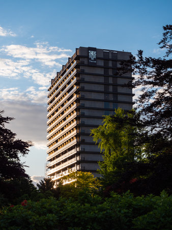 Karlovy Vary, Bohemia, Czech Republic - May 28 2022: Hotel Thermal Functionalist Building and Center of the International Film Festival in Carlsbad.のeditorial素材
