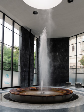 Karlovy Vary, Bohemia, Czech Republic - May 26 2022: The Fontana Vridla Sprudel or Vridlo Fountain in the Hot Spring Colonnade or Vridelni Kolonada in Carlsbad.のeditorial素材