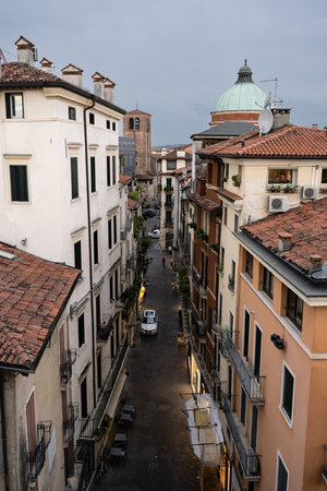 Vicenza, Italy - August 12 2022: Cityscape with Contra Muschieria Street in the Old Town in the Eveningのeditorial素材