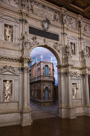 Vicenza, Italy - August 13 2022: Teatro Olimpico or Olympic Theater Interior by Andrea Palladio with Roman Style Scaenae Frons Back Screen on the Stage.のeditorial素材