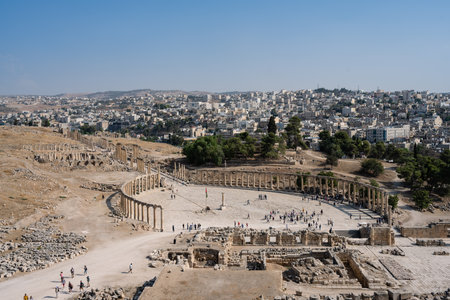 Jerash, Jordan - October 23 2022: Gerasa Oval Forum with Columns from Above.のeditorial素材