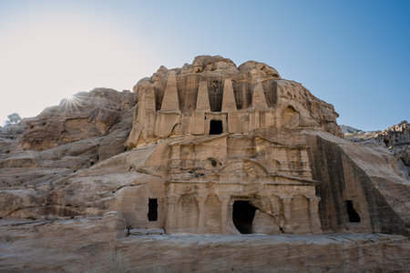 Nabataean Obelisk Tomb and Bab al Siq Triclinium Exterior Facade in Petra, Jordan, a Rock Cut Graveの写真素材