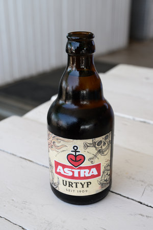 Hamburg, Germany - June 14 2023: Astra Urtyp Beer Bottle German Style Pilsner from the St. Pauli District or Kiez.のeditorial素材