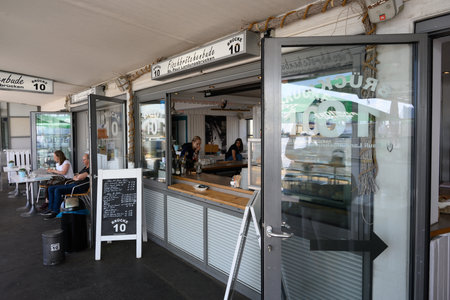 Hamburg, Germany - June 14 2023: Fischbrotchenbude or Fish Sandwich and Roll Stall Brucke 10 at St. Pauli Landungsbrucken.のeditorial素材